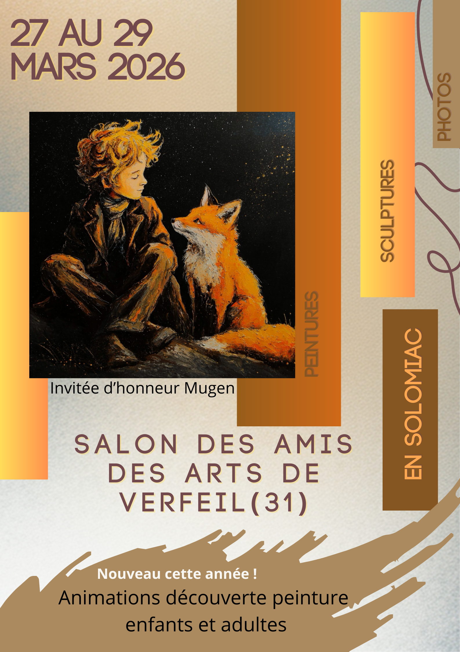 Couleur orange, marron et grise avec la peinture d'un petit garçon et d'un renard. Ensemble d'écritures reprenant les informations sur l'événement Salon du printemps